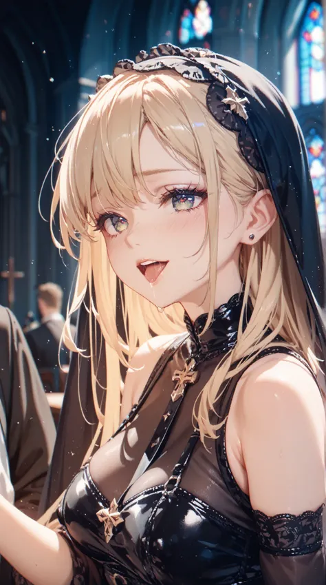 １ girls with light makeup　dark church with no lights　blonde sister　Ecstatic eyes　Black Veil　White Shoulder Strap 　Black tablier with visible nipples　 missionary sex　 drool　Love juice　nsfw