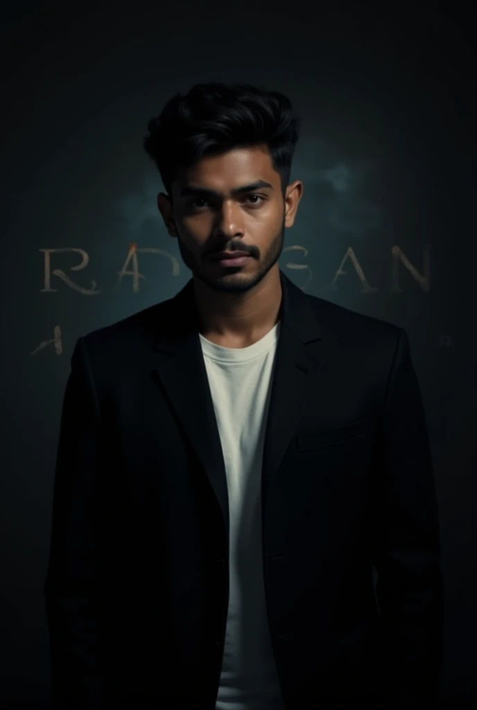 Create a highly realistic portrait of a 20-year-old Bangladeshi man named 'RAFSAN AHMED, standing in a dark room. He is wearing a blackblazer and a white shirt.

The lighting should be dramatic, focusing on his handsome face with a light stubble, giving hi...