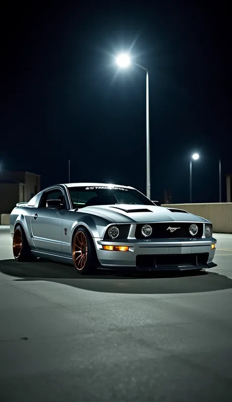 2007 silver Ford Mustang GT, lowered, bronze wheels. In a parking lot, night, dark lighting, below the light. 