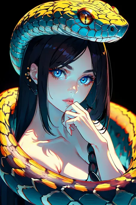 Photo of A beautiful girl, Dark hair.
Piercing eyes.
White skin.
Snake.
Enigmatic gaze.
Elegant posture.
Shimmering scales.
Deep silence.
Mysterious aura., (masterpiece, best quality:1.2), background, bokeh, Depth of field, 4k, whimsical 