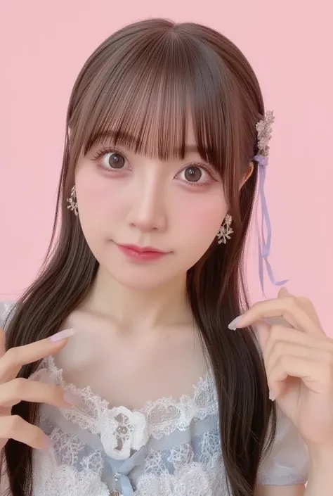  Super Fine、Picture of her face 、She smiles, I&#39;m wearing a camisole,  posing with their hands crossed in the shape of a heart in front of their chest、The background is plain 、    High Definition 、細部にわたって   High Definition 