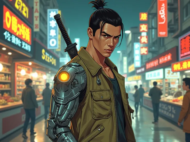 1980s retro cyberpunk anime illustration of a 22-year-old male Vietnamese cyborg, silver cybernetic visor with glowing yellow optics, silver chrome cybernetic right arm (liquid-metal texture), khaki futuristic streetwear (tactical jacket), compact muscular...