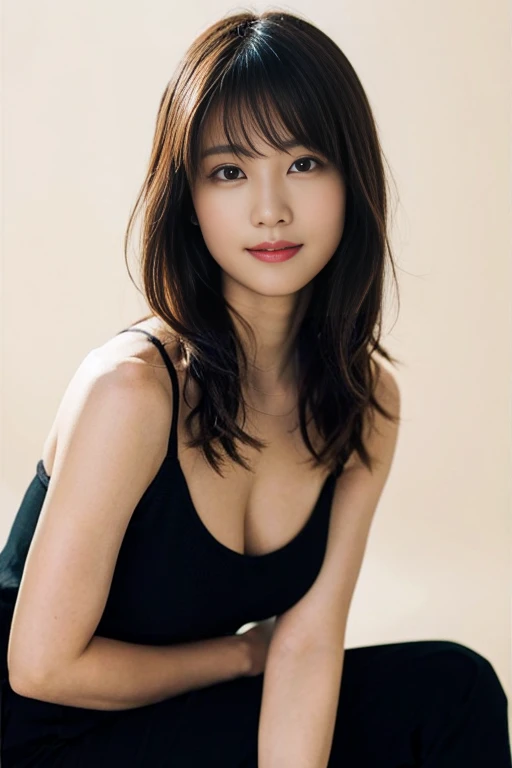  high resolution,  best quality,  perfect dynamic configuration ,   beautiful eyes in every detail  、Shiny Hair、 medium hair with visible tattoos,  Woman in her 30s、smile、 M-shaped leg Nogizaka 、 big breasts、 plump breasts、 body line、(Simple cream backgrou...