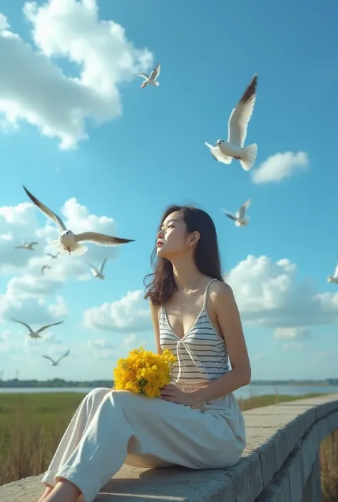 Beautiful Asian woman, 18 years.
Open chest, no buttoned shirt, Very large chest, size 45 inches,
A young woman sits on a concrete bridge, surrounded by a vivid blue sky with scattered clouds. Seagulls are flying gracefully around her, adding a sense of fr...