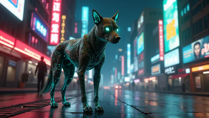 An ultra-detailed cyberpunk dog-human hybrid  with human body standing in the heart of a sprawling futuristic cyberpunk city at night, illuminated by vibrant, pulsating neon lights and holographic projections. The hybrid's face is a mesmerizing blend of ca...