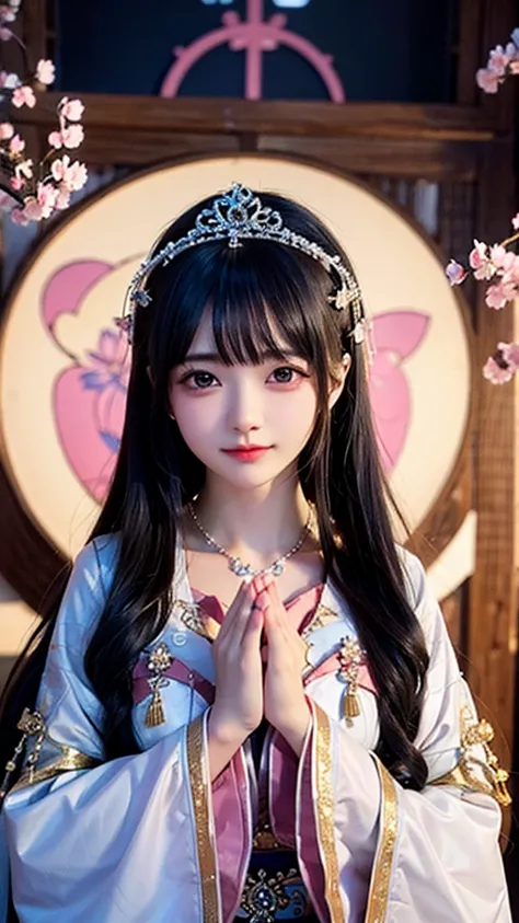 goddess　　upright　Joining hands in prayer　 looking at camera　Background is cherry blossoms　Front view　　 tiara 　 upper body　