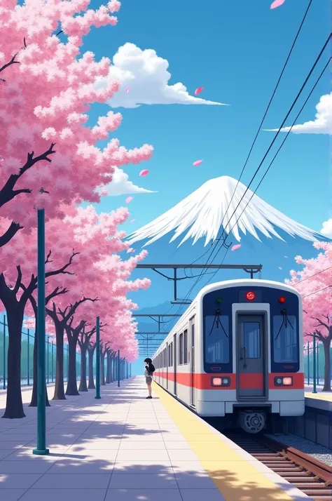 "A serene and picturesque scene of a metro train passing by a row of vibrant cherry blossom trees in full bloom at an empty station in Japan. A young girl stands quietly on the platform, dressed in a simple outfit, her posture reflecting calm anticipation....