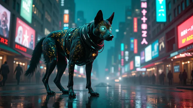 An ultra-detailed cyberpunk dog-human hybrid  with human body standing in the heart of a sprawling futuristic cyberpunk city at night, illuminated by vibrant, pulsating neon lights and holographic projections. The hybrid's face is a mesmerizing blend of ca...