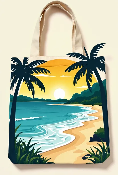 Create a design for screen printing on a cotton beach bag, Containing Intermares Beach, in João Pessoa ,  white sand , coconut trees, Restinga Rasteira, bright sun