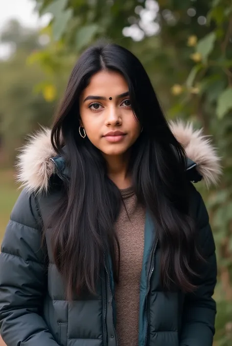 India,lovely cute young attractive indian girl, blue eyes, gorgeous actress, 18 years old, cute, an Instagram model, long hair, black hair, Indian, weaaring winter jacket, wearing bindi in forehead, ear rings,looking hot,looking on garden