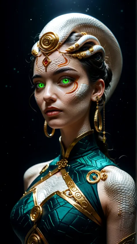 *"A mesmerizing femme fatale with serpent-like features, blending human and reptilian elegance. Her skin shimmers with the iridescent hues of emerald and gold, patterned like scales, while her piercing green eyes glow with an otherworldly allure. She is ad...