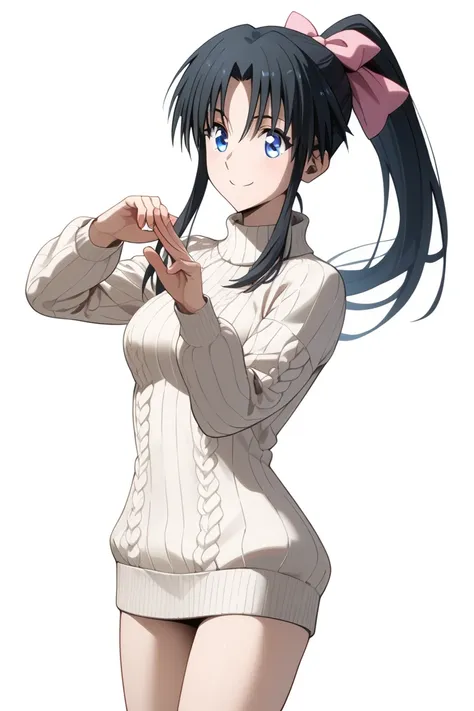 Half body, body focus, MASTER PIECE, HIGH QUALITY,  HD, 4K(((((Kamiya Kaoru wearing perfect sweater dress)))), (((sexy body))), ((((perfect girl anatomy)))), BLACK LONG HAIR, long ponytail hairstyle, pink hairbow, PERFECT EYES, medium breasts, dynamic stan...