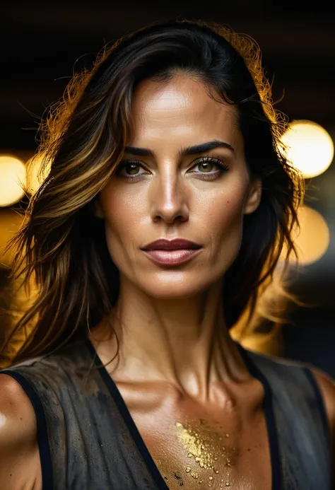 steven meisel photography, chiaroscuro, artistic raw photo, 8k uhd, 39 years old elegant Spanish female mechanic, skin texture, run down garage, oil and paint dripping, athletic body, gorgeous face with perfect eyes, golden hour, bokeh, depth of field, fil...