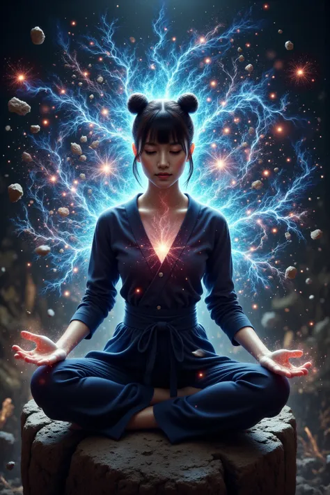 hyper Realistic, ultra detailed, best quality, absurdres, 1girl, young woman, navy color short hair, (space buns and blunt bangs hair), kung fu lady, kung fu clothes, A massive, sitting on solitary rock on the cliff edge, closed eyes and engaged in deep br...