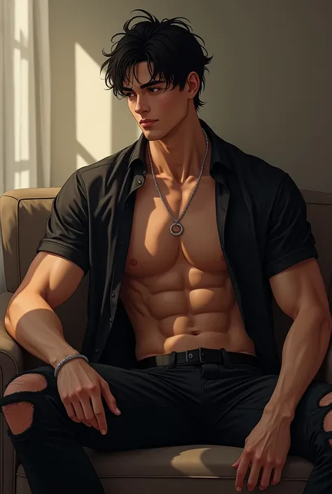 Black messy hair, slightly dark skin, short-sleeved open black shirt, muscles, sitting leaning on the couch, silver necklace, ripped model black pants, a young man, looking sideways, The sun is shining down on the man