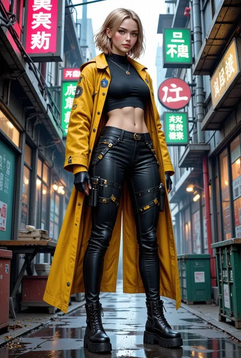 A medium-dark blond haired girl , light skin,   brown eyes ,    with a futuristic and urban style   ,    ideal for a dystopian or cyberpunk environment   .    Her outfit consists of a fitted black top that leaves see part of his abdomen   ,    accompanied ...