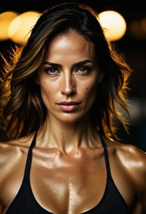 steven meisel photography, chiaroscuro, artistic raw photo, 8k uhd, 39 years old elegant Spanish female mechanic, skin texture, run down garage, oil and paint dripping, athletic body, gorgeous face with perfect eyes, golden hour, bokeh, depth of field, fil...