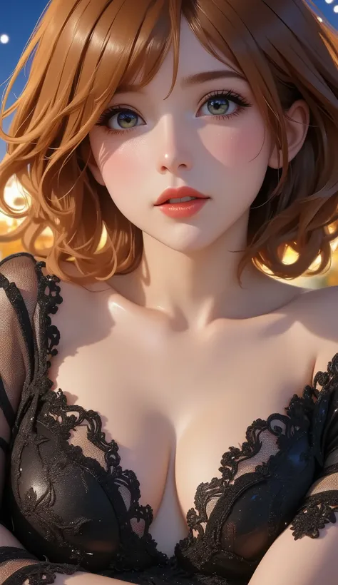  portrait of a beautiful teenager ,  big breasts,  deep cleavage , Alluring, sexy,  Intricate Dress ,  soft smile ,  red lips,  ginger hair,  green eyes,  realism,   digital painting  ,  concept art , smooth,  sharp concentration, rule of thirds, Style Psy...