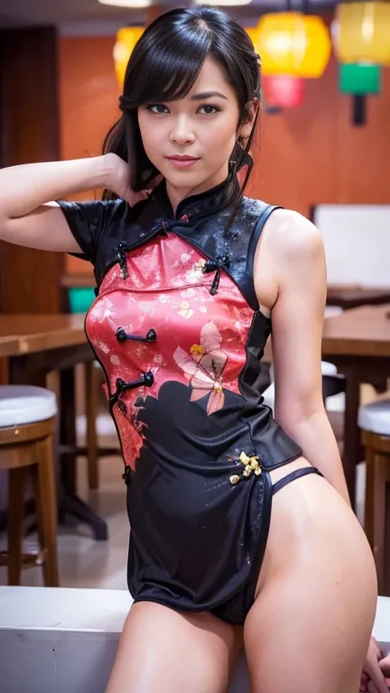 (top-quality、超A high resolution、​masterpiece:1.3), Midhair with bangs, Detailed moisturized eyes, Textured skin, Best Quality, in 8K, blurry backround, (Colossal , long legged, Legs exposed through slits), Natural Color Lip, ssmile, Woman with perfect styl...