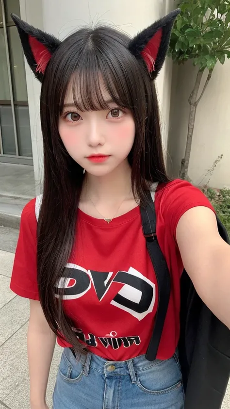 A western girl with dark hair and devil ears 、 wears a loose-fitting red and black anime shirt