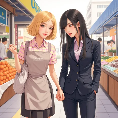 “Generate an image in Korean manhwa style. The image shows two female characters.
The first character is cheerful and playful, with short blonde hair, wearing a pastel shirt and an apron, holding a bag of food.
The second character is composed and confiden...