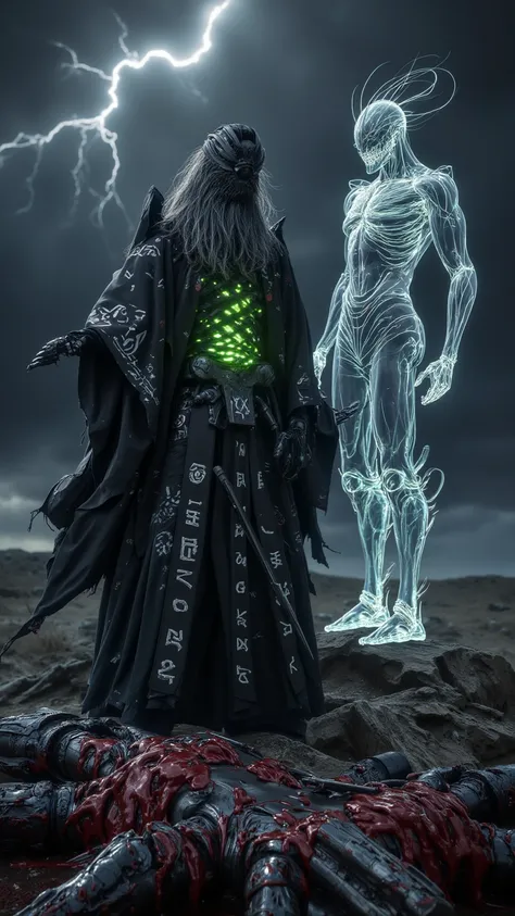  aidmafluxpro1 .1，Surreal， Height Detail ， Deathly Mage stands on a desolate battlefield ， Beneath a stormy night sky ， illuminated by lightning flashes and creepy green glow 。 Deathly Mage wears a broken black robe engraved with glowing silver runes，Outst...