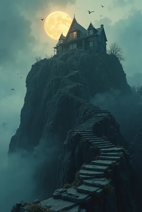 a high quality hyper realistic close-up of a house made on the peak of a haunted hill, The house is made between sharp rocks creating a fusion of rocks with the house it is scary with an inspiral shaped staircase that goes up the hill creating a dark and a...