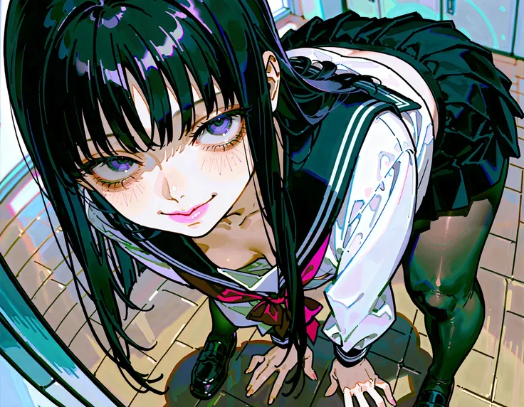 (Tomie Kawakami)、(school uniform)、class room、long hair、hime cut、black hair、(pink lip)、flat chest、blush、big thighs、(plump)、covered erectile nipples、(((upturned eyes)))、thick lips、smag、side view、sanpaku eyes、half undressed、mini skirt、(((dead eyes)))、view for...