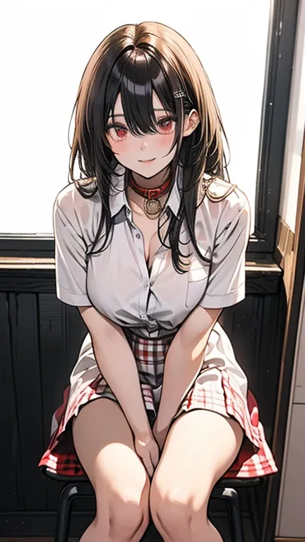   Sculpture style   　woman　    high school students　    light brown hair 　    shiny hair with makeup 　  semi-long hair　    red eyes 　    white skin　  white short sleeve dress shirt 　  the collar is slightly unbuttoned    　   plump breasts  　    red gingham...