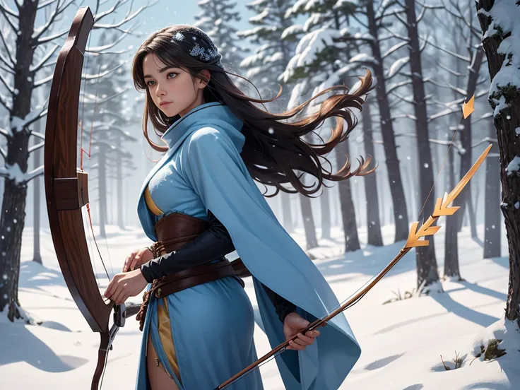 "Create an image of Luna, a clériga-archer with deep brown skin and long, dark brown hair. She wears light blue robes that are suited for both archery and her sacred role as a cleric, designed to keep her warm in the cold environment. The scene takes place...