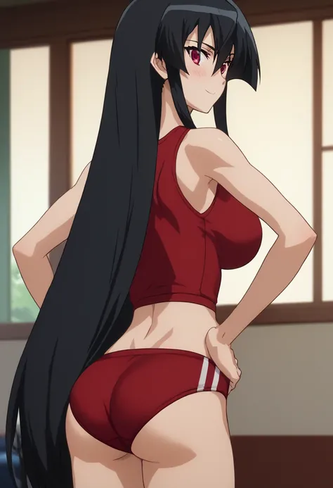 score_9, score_8_up, score_7_up, source_anime, anime screencap, 1girl, solo, large breasts,akame, long hair, black hair, red eyes, hair between eyes, large breasts, blushing, looking at back,Navel exposed, gym uniform, buruma,((From the back)), hands on hi...