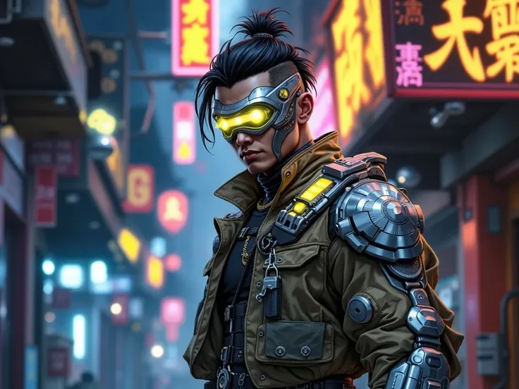 1980s retro cyberpunk anime illustration of a 22-year-old male Vietnamese cyborg, silver cybernetic visor with glowing yellow optics, silver chrome cybernetic right arm (liquid-metal texture), khaki futuristic streetwear (tactical jacket), compact muscular...