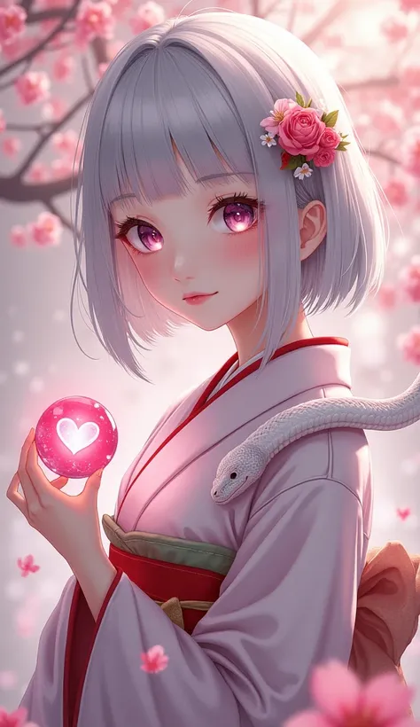 Beauty  cute　 Japanese　silver　 is wearing a kimono Front 、　 the white snake is on her sholder  Hold a crystal heart ball on your hand、 Ring of Angels Front  青い目, Front  shortcuts,  shortcuts,  Japanese、Front 、 bob hair、Front 、 Up Front 、 The color of the h...