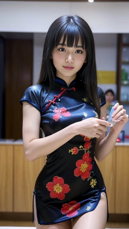 (top-quality、超A high resolution、​masterpiece:1.3), Midhair with bangs, Detailed moisturized eyes, Textured skin, Best Quality, in 8K, blurry backround, (Colossal , long legged, Legs exposed through slits), Natural Color Lip, ssmile, Woman with perfect styl...