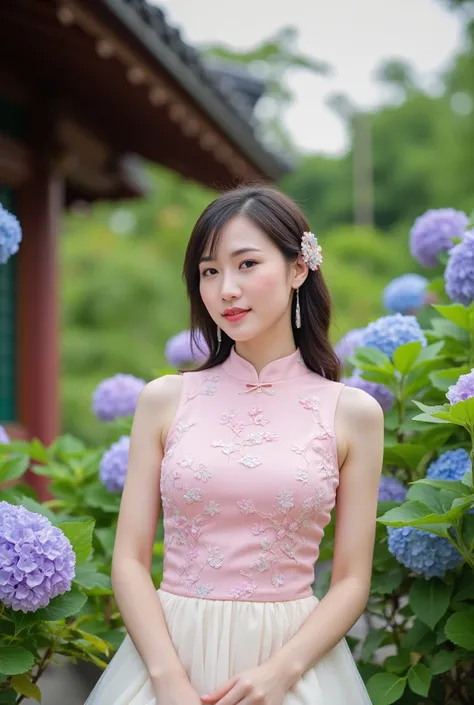 Image of a Chinese woman in beautiful traditional Chinese dress, wearing a light cream Chinese skirt and a light pink embroidered top with a classic stand collar. Her hair is elegantly styled with an ornamental hairpin. The soft and diffused natural light ...