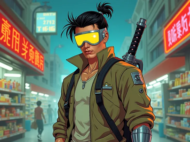 1980s retro cyberpunk anime illustration of a 22-year-old male Vietnamese cyborg, silver cybernetic visor with glowing yellow optics, silver chrome cybernetic right arm (liquid-metal texture), khaki futuristic streetwear (tactical jacket), compact muscular...