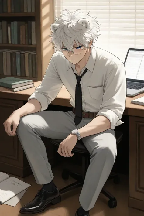 1boy, polar bear boy, polar bear ears, white hair, messy hair, dark blue eyes, tall, wide shoulders, 24 years old, round silver glasses
White dress shirt, rolled-up sleeves, fitted gray trousers, brown leather belt, black oxford shoes, black tie slightly l...