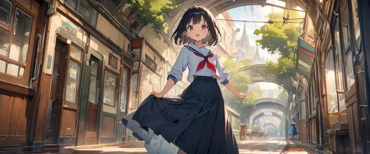 
  girl  、  bob cut、   black hair、stupid hair 、  red eye、  tree eyes  、Three white eyes、Sailor suit with long skirt、 the skirt flips up in the wind、  glare、Old fashioned hallway background、masterpiece、  best quality 、  Detailed Help  、  cute anime  、  Trai...