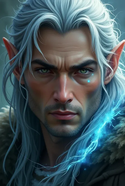 (Close-up of a better masterpiece:1.5)0.9], (elf druid male) (Messy silver hair:1.1) ((A radiant glow:1.1) 