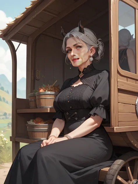  woman ,grandmother, Draconid , gray hair, fantasy,  black clothes ,  small horns, small, Peasant woman, on the background of the wagon