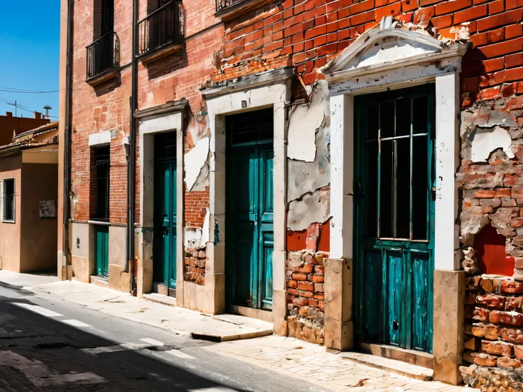 the portal of a dirty and dilapidated block of red brick houses with chipped and painted walls on a very dirty and deteriorated street in a suburb of Madrid on a hot summer day