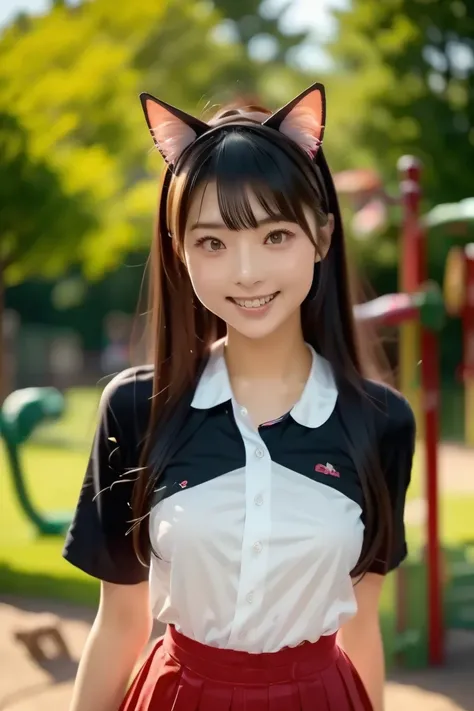 ((  Best Quality )), ((masterpiece)), ( Details ),   1girl  ,23 years old Japanese Girls，23 year old japanese girl wearing catgirl costume ，pow pose, Wearing catgirl outfits at the playground ， from the first-person perspective，Wear a pleated skirt， real p...