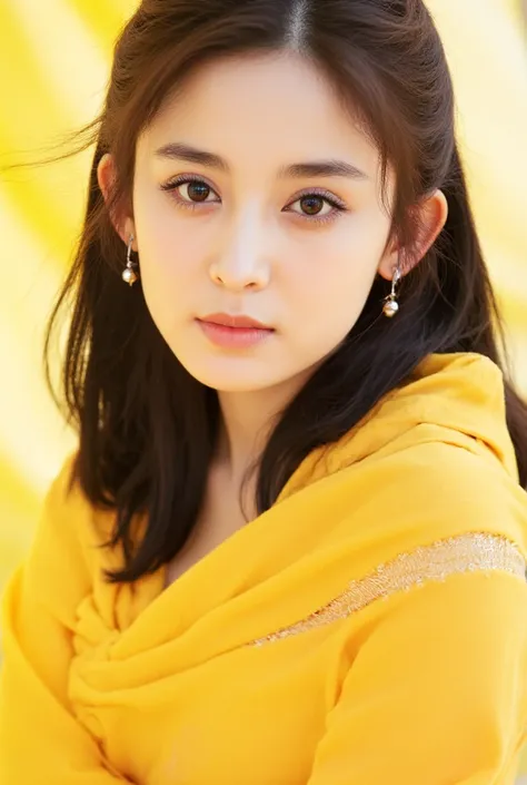 A radiant Korean girl gracefully draped in a vibrant yellow saree captivates the viewer's eye. Her delicate features and flowing ebony hair complement the golden fabric, creating a mesmerizing scene. The image, possibly a photograph, captures her ethereal ...