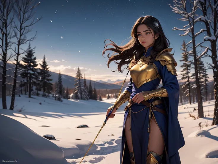 "Create an image of Luna, a half-celestial clériga-archer, with deep, dark skin and long, dark brown hair. She wears a lightweight, protective armor beneath her blue robes, designed to offer both agility and defense. In her hand, she holds a beautifully cr...