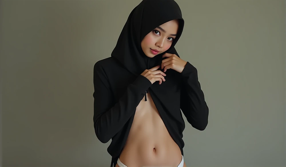 petite Javanese girl, wearing a black hijab, tight black T-shirt long sleeve that is lifted up to reveal her breasts, white underwear, lifting her bottom shirt,eye liner mascara