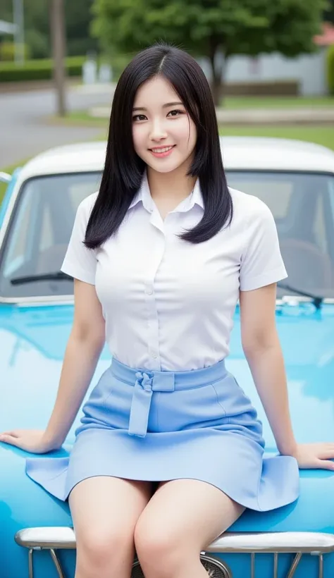 a female student ,   sitting on top of car,  using white satin material school uniform,   using a long to toe satin skirt in light blue color ,  beautiful smile ,   big and round boobs ,   black long hair 