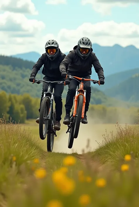 Create me a picture of two men , Who is filmed from the side with a mountain bike and rides through a field on the rear wheel. He is wearing a full face helmet .