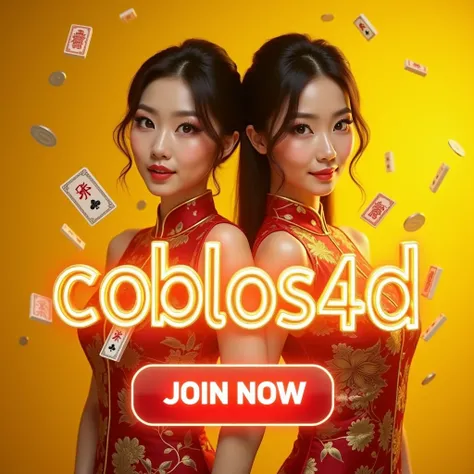 create promotion banner with animation text says "COBLOS4D SLOT GAMPANG MENANG", flying mahjong, flying cards, flying coin. yellow themes, tattoo, white skin, close-up, beautiful real cheongsam girls, have large breast cleavage, have neon button under logo...