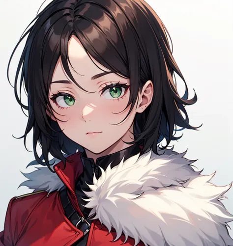 rpg portrait, front view, upper body, Black hair, Short hair, green eyes, female,  A red and black jacket with a white fur collar