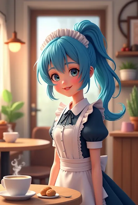 Ponytail Blue Girl Cafe Animated Maid Costume Cute